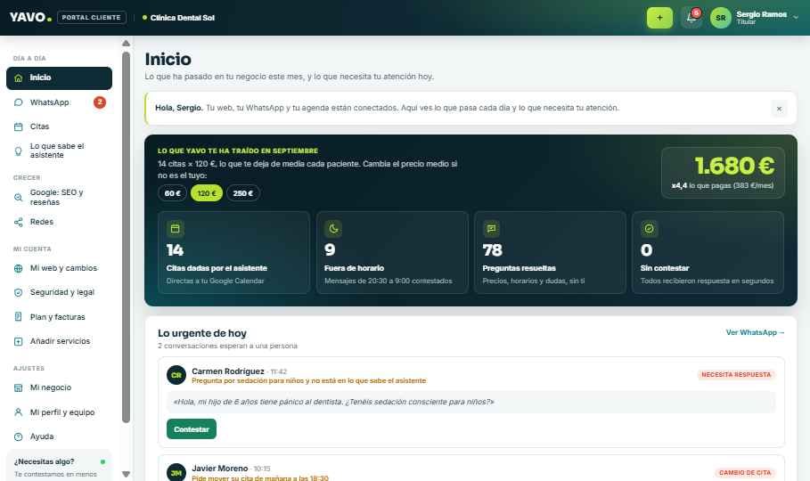 Vista real del panel de cliente de YAVO